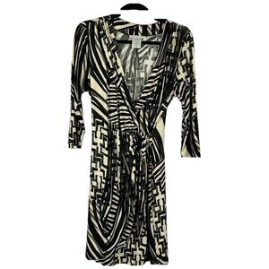 Papillon Blanc Geometric Faux Wrap Knee Length Dress Medium Cream Black